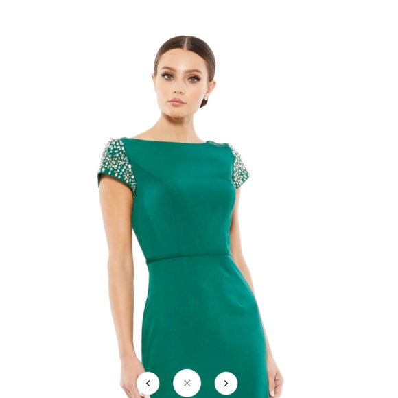 MAC DUGGAL 55718 BEADED CAP SLEEVE BATEAU COLUMN EMERALD GREEN GOWN sz 16 - Picture 3 of 8